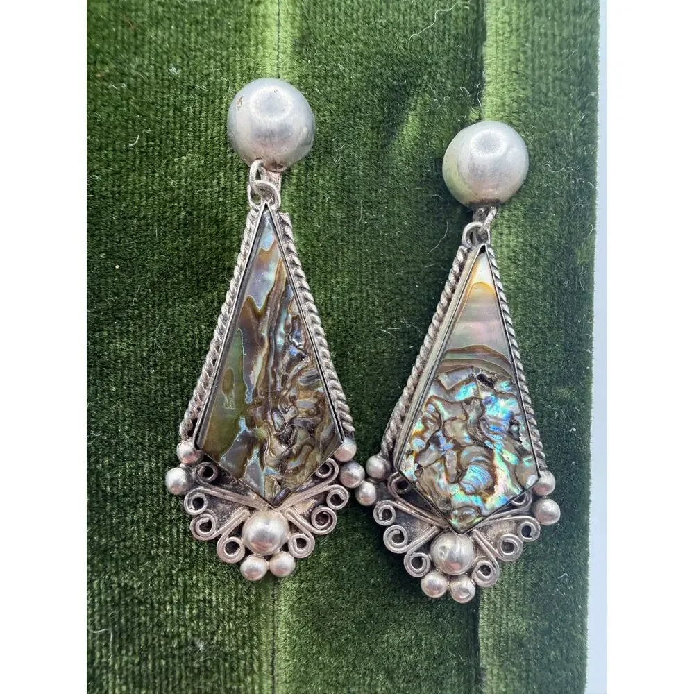 1940s Old Mexico Sterling & Abalone Drop Screw Back Earrings